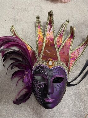 Purple Venetian Jester Mask with Gold Trim and Feathers